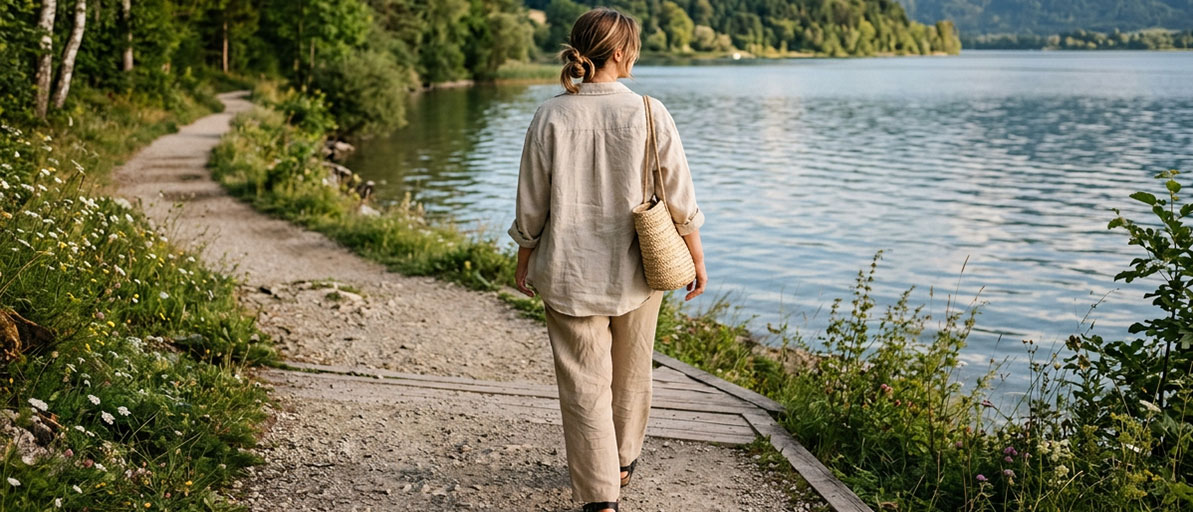 Person mit Leinenkleidung am See