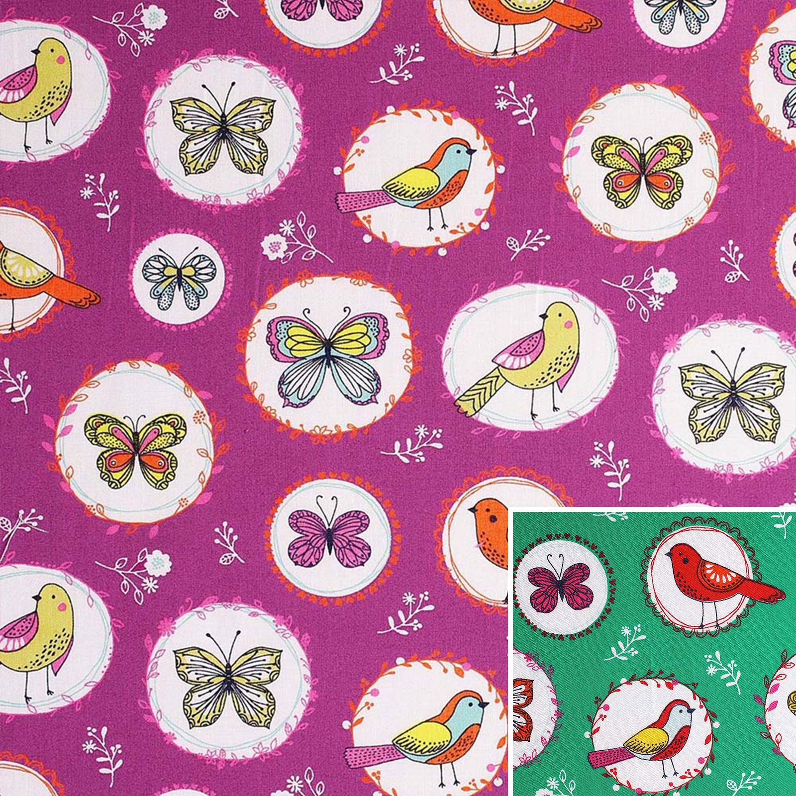 Birdy - Tissu de coton avec des oiseaux & des papillons