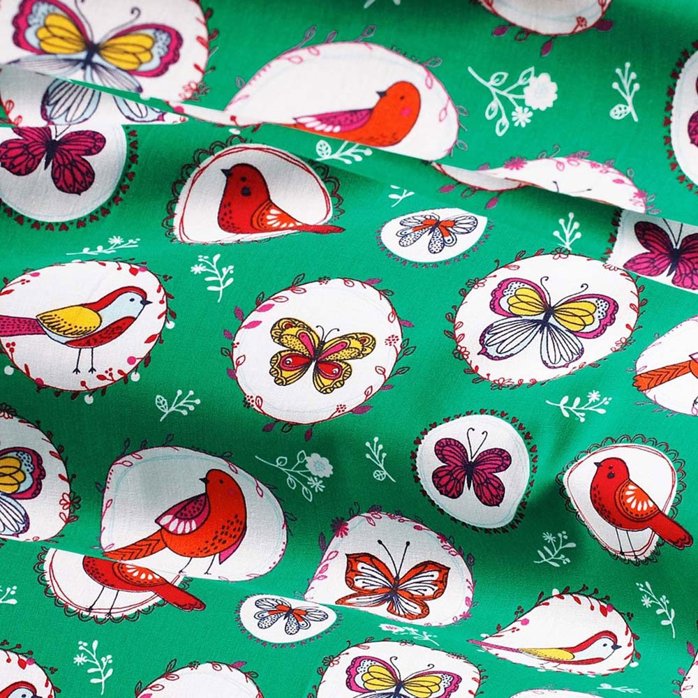 Birdy - Tissu de coton avec des oiseaux & des papillons - vert/turquoise